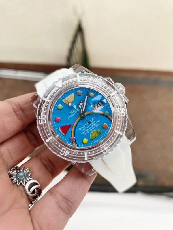 Replica Rolex Submariner Phantomlab Transparent 5GF Best Edition Blue Fruit Dial on White Rubber Strap VR3135